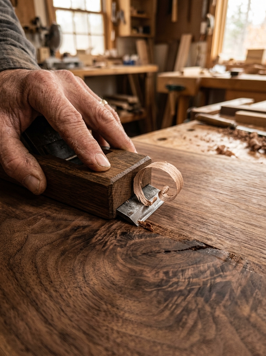 Craftsman hand-planing solid walnut wood at Drapper Woods SF